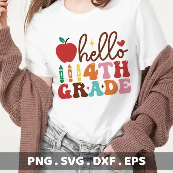 Hello Fourth Grade Cricut" design on a t-shirt, ready for cutting.