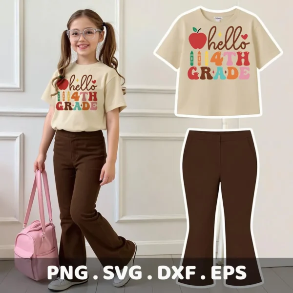Hello Fourth Grade Cricut" design on a child's t-shirt, shown as a cutting template.