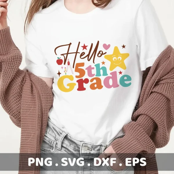 Hello 5th Grade SVG" design for a Cricut t-shirt decal, back to school.