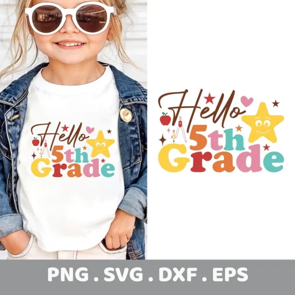 Hello 5th Grade SVG design for a Cricut t-shirt decal, back to school cutting file.