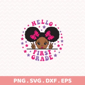 Afro puffs "Hello First Grade" Cricut design for a back-to-school vinyl decal.