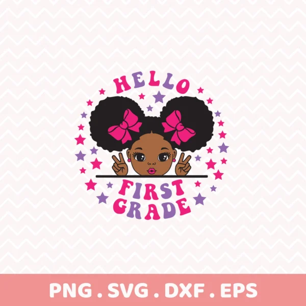Afro puffs "Hello First Grade" Cricut design for a back-to-school vinyl decal.