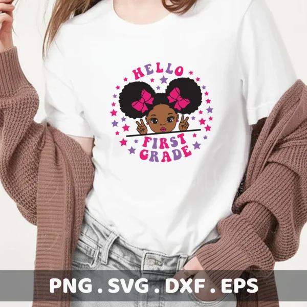 First Grade Cricut Design: Afro puffs girl SVG for a back to school t-shirt cutting project.