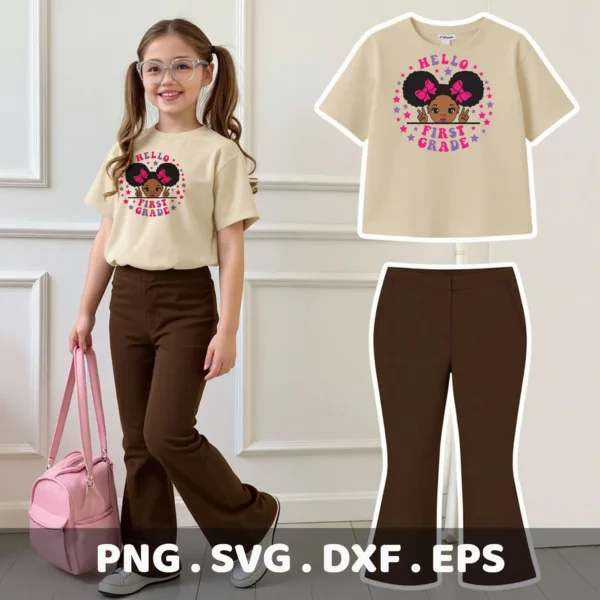 Afro puffs "Hello First Grade" SVG design for a Cricut back to school t-shirt.