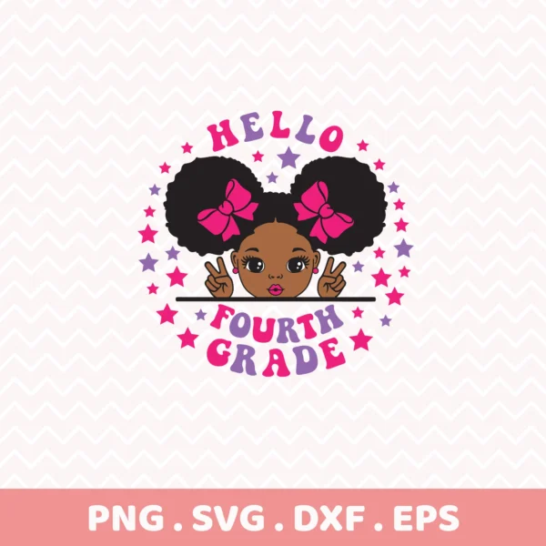 Black girl "Hello Fourth Grade" SVG design for Cricut classroom decor.