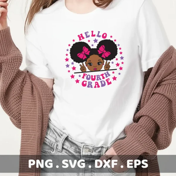 Black girl "Hello Fourth Grade" quote as a Cricut design for a back-to-school t-shirt.