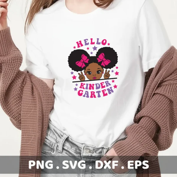 Hello Kindergarten" girl Cricut design for back-to-school t-shirt cutting.