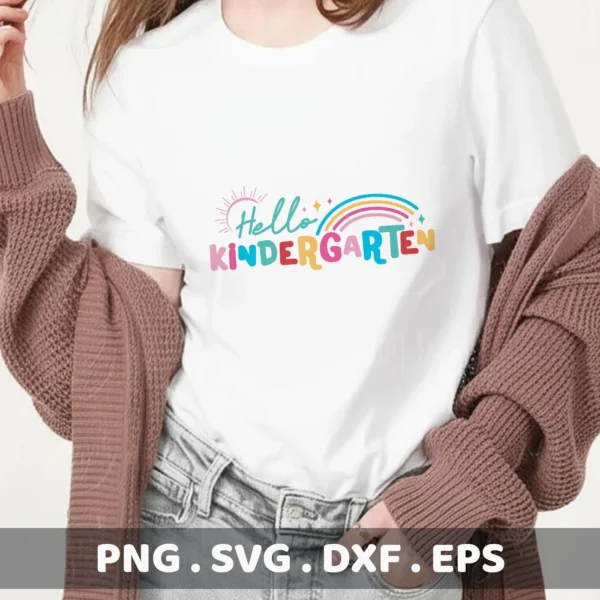 Hello Kindergarten" quote as a Cricut SVG cut file for a back to school t-shirt.