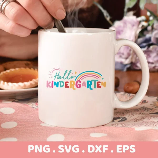 Hello Kindergarten" Cricut design SVG for a vinyl decal on a coffee mug.