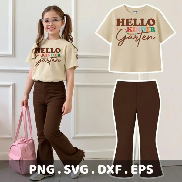 Hello Kindergarten SVG" design on a shirt, shown as a Cricut iron-on transfer.