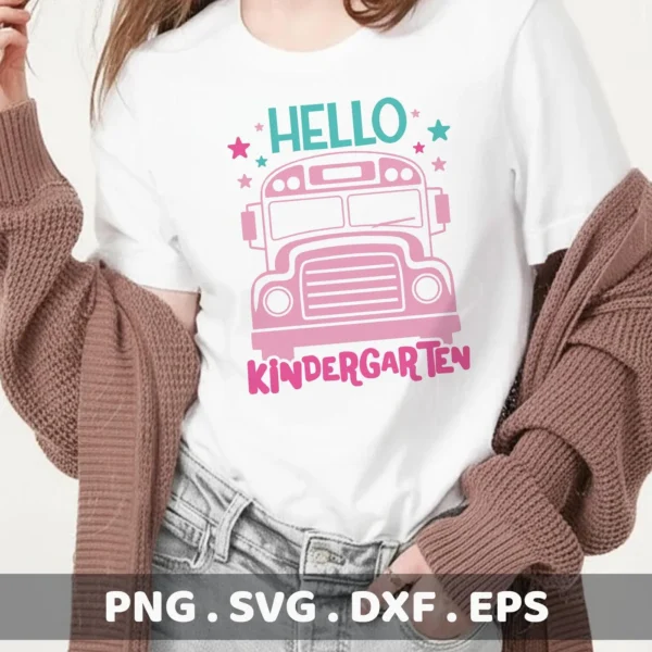 Hello Kindergarten" bus Cricut design for a back-to-school teacher gift shirt.
