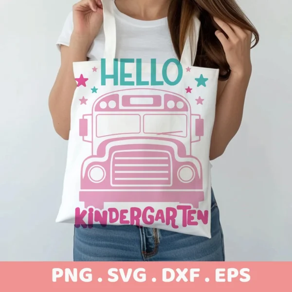 Kindergarten Bus Cricut design for a back to school tote bag vinyl decal.