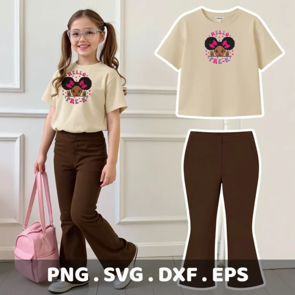 Afro Pre-K Cricut design for a first day of school shirt, shown as a vinyl cut file on a child's t-shirt.