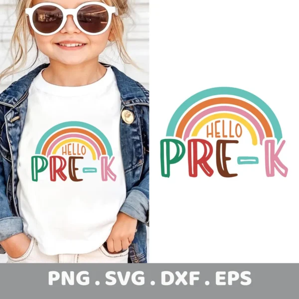 Hello Pre-K SVG rainbow design for Cricut, shown as a vinyl cut on a child's t-shirt.