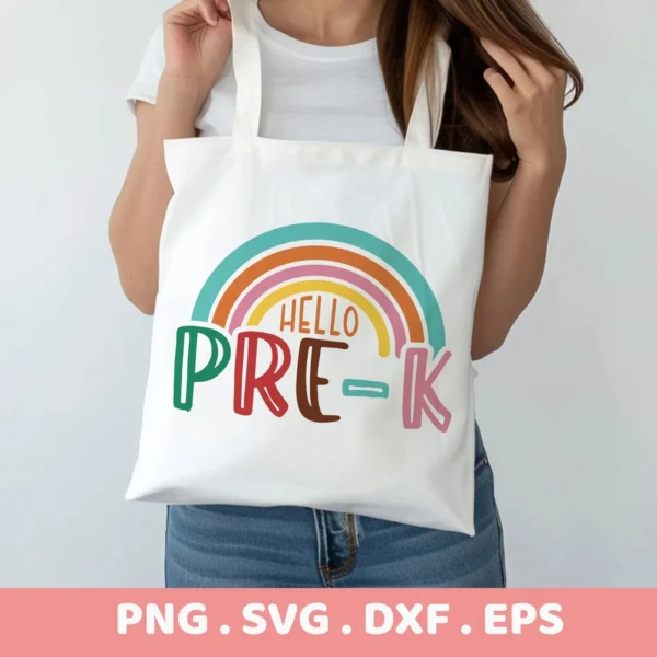 Hello Pre-K SVG" rainbow design shown as a vinyl cut file on a tote bag.