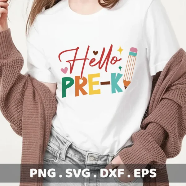 Hello PRE-K SVG design on a t-shirt, shown as a Cricut iron-on for back to school.