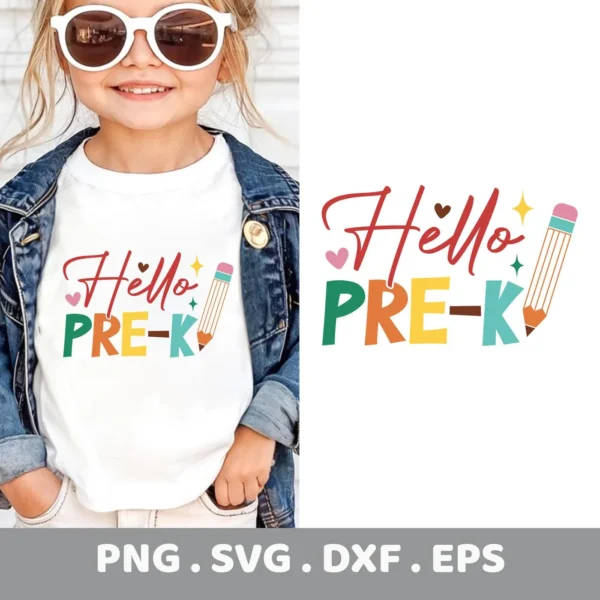 Hello PRE-K SVG" design for a Cricut first day of school t-shirt.
