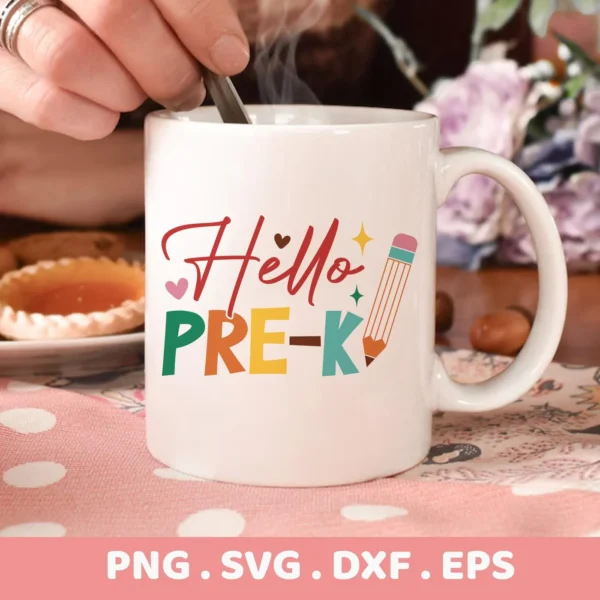 Hello PRE-K SVG" design on a mug, shown as a vinyl decal cutting template.