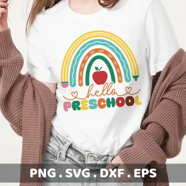 Hello Preschool SVG design for Cricut, shown on a t-shirt as a cutting template.