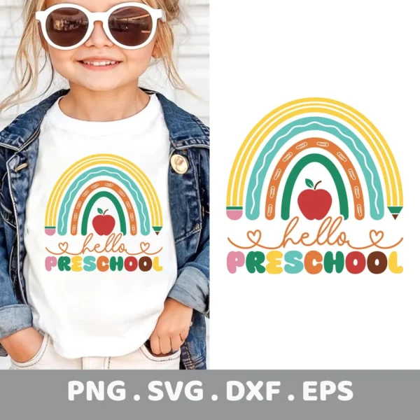 Hello Preschool SVG design for Cricut, shown on a child's t-shirt as a cut file project.