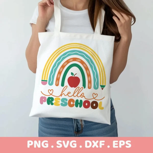 Hello Preschool SVG on a tote bag, shown as a Cricut iron-on design.