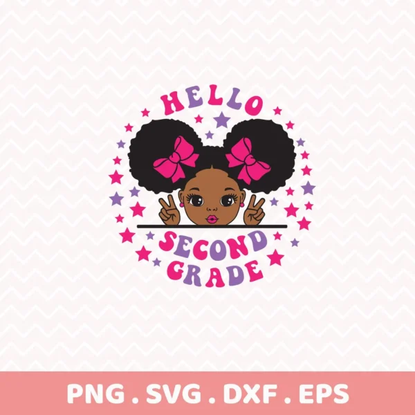 Hello Second Grade" girl SVG as a Second Grade Cricut design for a back-to-school t-shirt.