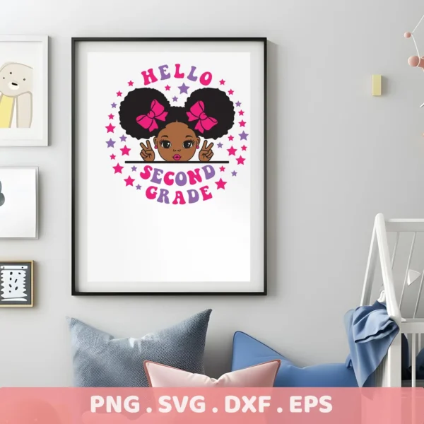 Hello Second Grade" girl SVG, a back to school Cricut design for classroom decor.