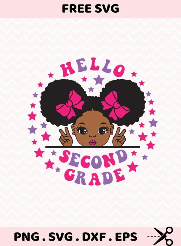 Hello Second Grade" girl with peace sign, a Second Grade Cricut design for vinyl cutting.