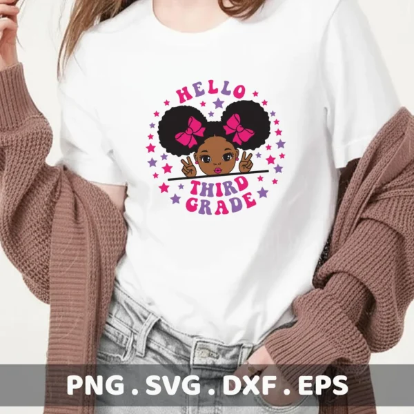Hello Third Grade" girl graphic as a Cricut cut file for a back to school t-shirt.