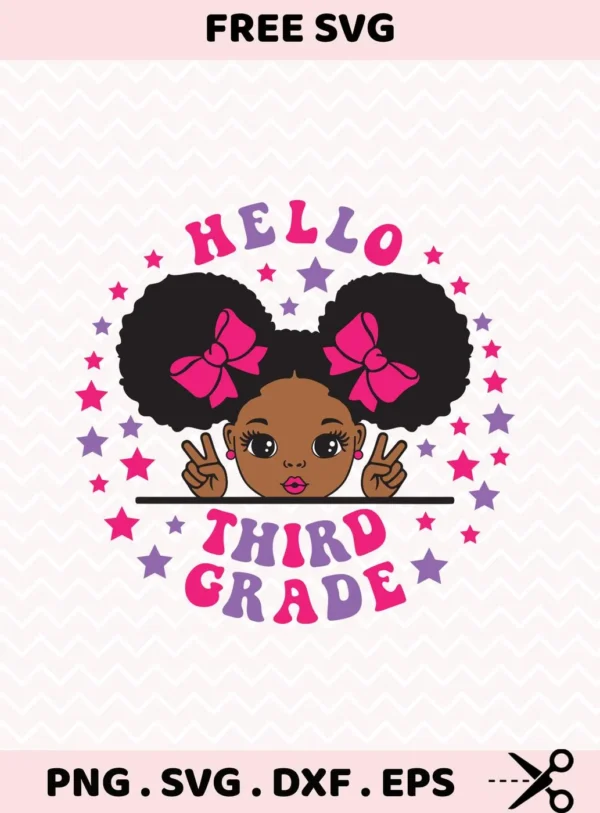 Cute "Hello Third Grade" girl graphic as a Third Grade Cricut design for a school t-shirt.