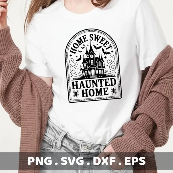 A Halloween-themed "Haunted Home Cricut Design" for cutting or serigraphy, featuring a spooky house graphic on a white t-shirt.
