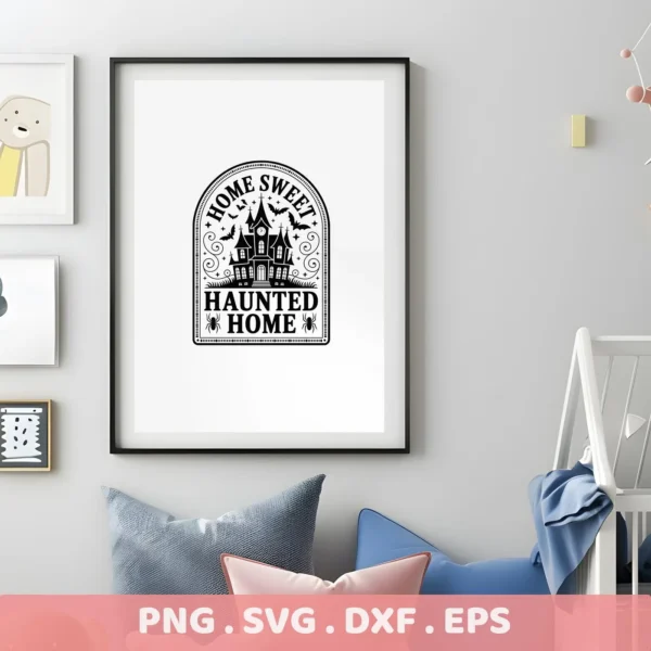 Black and white "Haunted Home Cricut Design" featuring a spooky house, bats, and spiders, showcased in a framed print for Halloween-themed cutting and serigraphy projects.