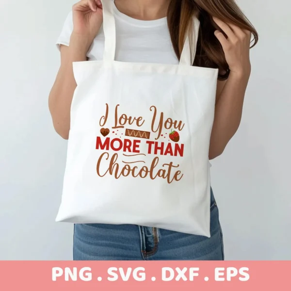 I Love Chocolate" quote as a Cricut cut file for a Valentine's Day tote bag design.