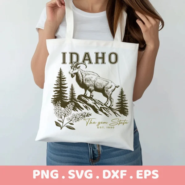 Idaho Mountain Goat SVG on tote bag for Cricut vinyl decal or serigraphy stencil.