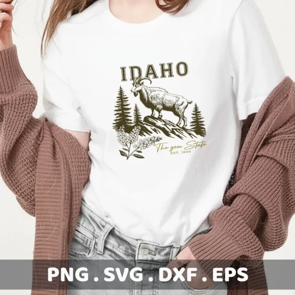 Idaho Mountain Goat SVG screen print design on a white t-shirt.