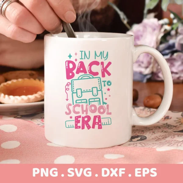 Back To School Cricut" quote on a mug, shown as a vinyl decal design.