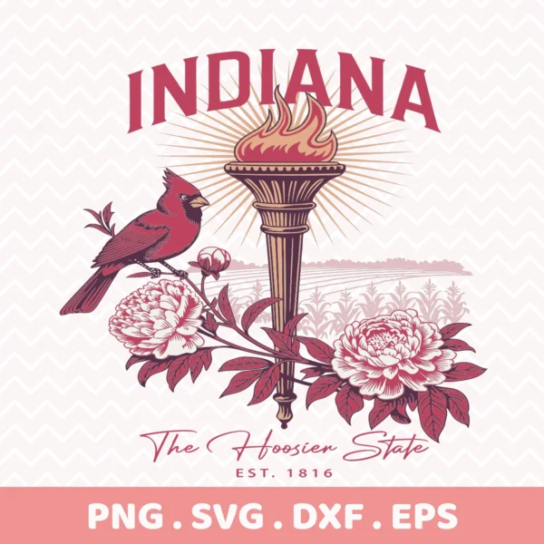 Indiana Torch Cricut craft SVG for a Hoosier state t-shirt screen print design with peony and cardinal bird for laser cutting.