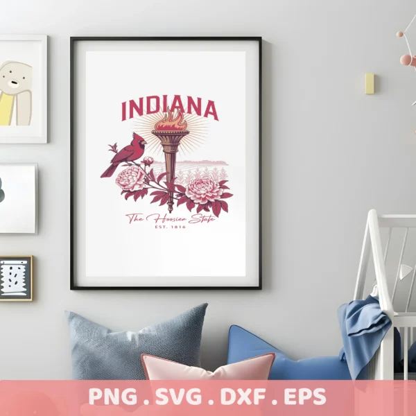 Indiana Torch Cricut craft for a Hoosier state t-shirt screen print design with peony and cardinal bird for laser cutting.