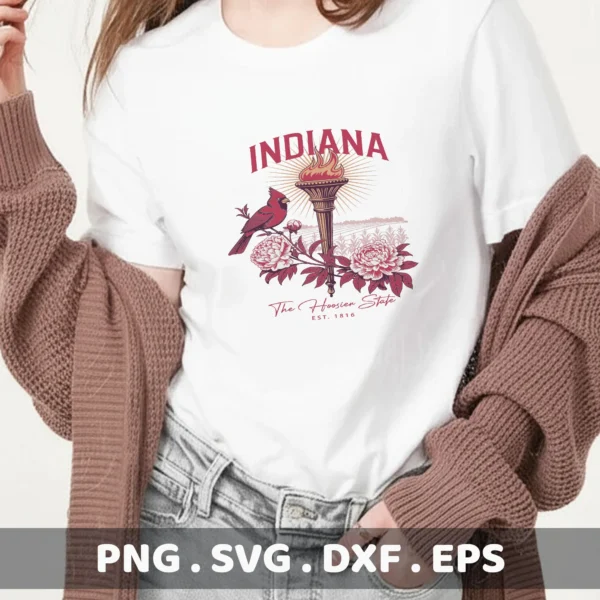 Indiana Torch Cricut Craft: Hoosier State cardinal bird & peony SVG design for DIY t-shirt screen printing stencil.