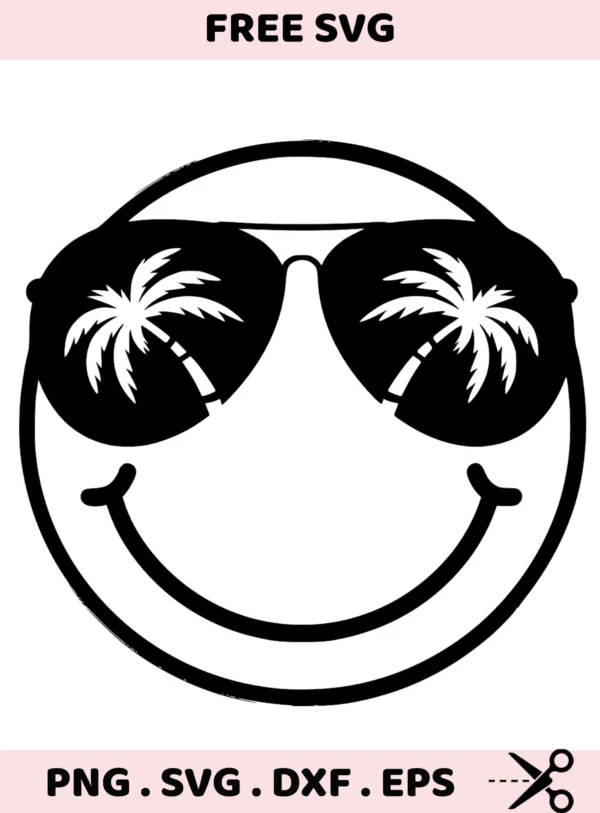 Smiley face sunglasses SVG, DXF, Cricut, Silhouette cutting files. Black background.