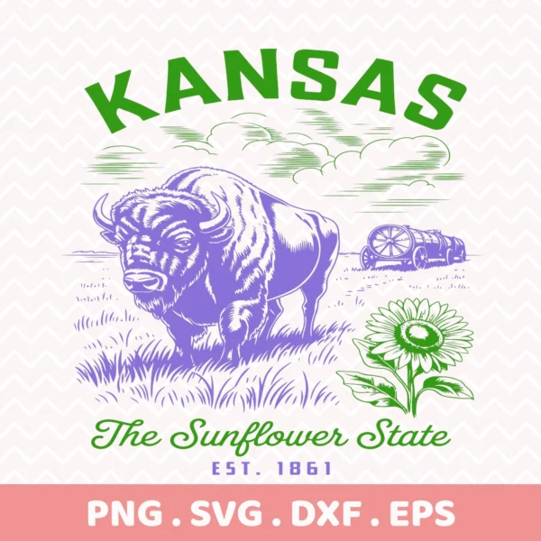 Retro Kansas Bison Cricut design for vinyl decal or serigraphy stencil. Sunflower State SVG for cutting machines.
