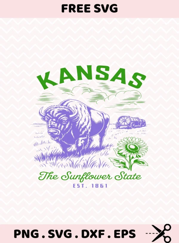 Retro Kansas Bison Cricut design for vinyl decal or laser cut wood sign. Sunflower State serigraphy stencil for t-shirts.