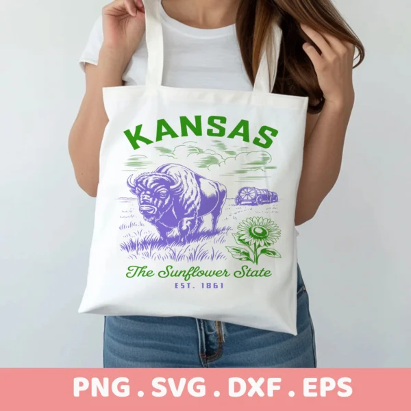 Kansas bison Cricut design on a tote bag, shown as a serigraphy stencil for screen printing.