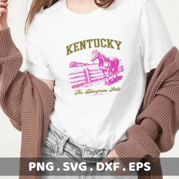 Kentucky Horse Cricut file for vinyl decal, shown as a screen print design on a t-shirt.