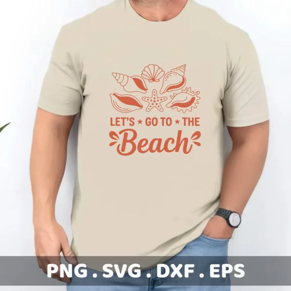Let's Go To The Beach" quote with seashells SVG for a Cricut summer t-shirt screen print. Beach Trip Cricut File.