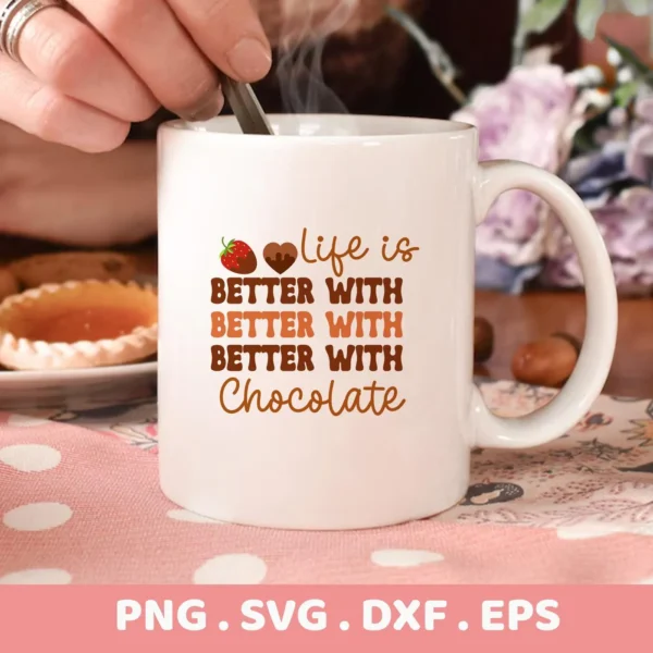 Chocolate Strawberry Cricut design on a coffee mug decal for dessert lovers.