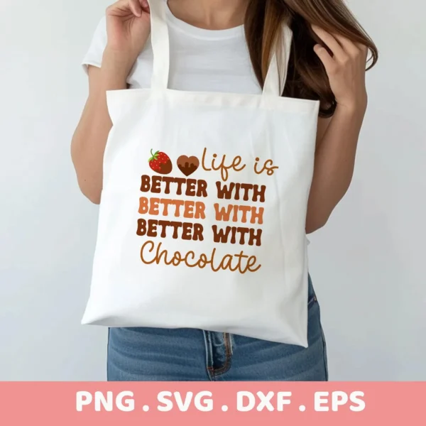 Chocolate strawberry Cricut design on a tote bag as a vinyl decal.