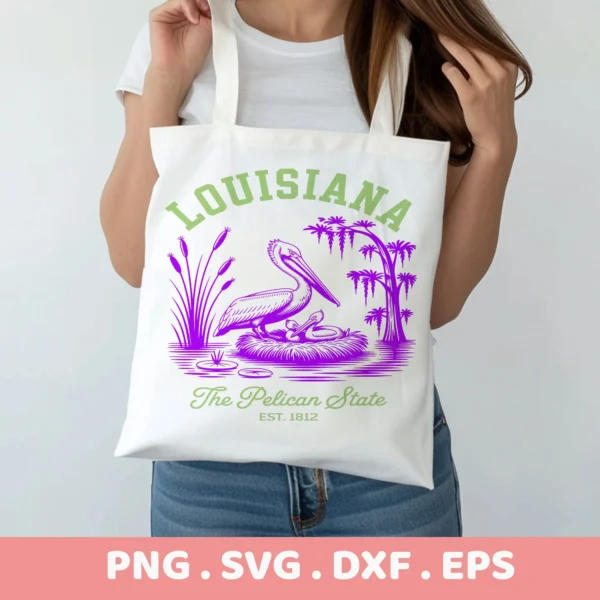 Retro Louisiana Pelican Cricut file for vinyl cutting on a tote bag.