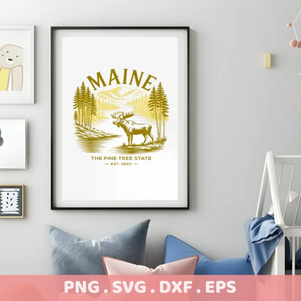 Maine Moose Cricut Design for vinyl cutting, shown as a framed travel decal print; Pine Tree State vector file.