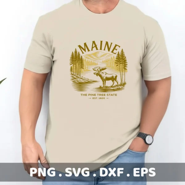 Maine Moose Cricut Design on a t-shirt for screen printing; Pine Tree State vector file.